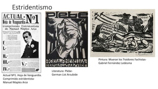 Estridentismo
Actual Nº1. Hoja de Vanguardia.
Comprimido estridentista-
Manuel Maples Arce
Literatura: Plebe-
German List Arzubide
Pintura: Mueran los Traidores Fachistas-
Gabriel Fernández Ledesma
 