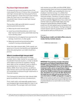 12
Pay down high-interest debt
If compound returns are touted as one of the
most powerful forces in finance, then a household
with high-interest debt has that powerful force
working against it. Given that some loan interest
rates can reach two or more digits, it is in a
household’s best interest to pay high-interest
debt quickly.
Paying down debt generally leads to several
positive potential outcomes:
• Reducing the total interest paid
• Lowering outstanding balances, which may
help improve credit scores, potentially lowering
future lending rates3
• Unlocking future budgeted loan payments for
savings, investment, or other goals
• Relieving mental and emotional burdens
involved in having outstanding debt
Given that high-interest debt, if left unpaid, can
spiral out of control, the benefits just highlighted
show why paying down such debt should be a
priority.
What is considered high-interest debt?
When determining a debt payoff strategy,
consider what is high interest for you given your
household’s financial situation, in order to decide
which debt to prioritize for paydown. Paying
down debt can be considered a way to obtain a
guaranteed return on money (Paradise and
Kahler, 2020). Given that premise, we define a
high interest rate as one that would be difficult
for households to achieve through investments in
financial markets.
This framework to determine high-interest debt
gives households two primary considerations:
First, credit cards—and especially payday loans—
are considered high-interest debts for most, if not
all, households. The average credit card interest
3 Credit score determinants typically include such factors as payment history, amounts owed, length of credit history, new credit accounts, and types of credit
used. Different credit score weighting and scoring models are used for different lending decisions. As a result, credit score impacts may vary.
rate revolves around 18% and 25% (CFPB, 2021),
whereas payday loans can have annualized interest
rates of over 300%, even exceeding the return on
employer-matched savings. It is unlikely that
households can consistently earn those returns in
financial markets. Therefore, it’s best to always
pay down payday loans and credit card debt as
quickly as possible. Figure 5 shows how credit card
interest rates are substantially higher than the
Vanguard Capital Markets Model (VCMM)
projections for both global equity and global fixed
income over the next 10 years. The figure does not
include interest rates for payday loans, as a 300%
rate would be well out of the picture.
FIGURE 5.
Paying down credit card debt offers returns
rarely met by market returns
6.1%
3.5%
Global equities Global bonds
18%
Credit card debt
interest rate
VCMM 10-year median forecast
IMPORTANT: The projections and other information
generated by the Vanguard Capital Markets Model
(VCMM) regarding the likelihood of various investment
outcomes are hypothetical in nature, do not reflect actual
investment results, and are not guarantees of future
results. Distribution of return outcomes from VCMM are
derived from 10,000 simulations for each modeled asset
class. Simulations are as of June 30, 2022. Results from
the model may vary with each use and over time. For
more information on VCMM, see Appendix 1 on page 51.
Notes: The figure compares the median 10-year VCMM projected annualized
investment return distributions with common consumer debt interest rates
(annual percentage yield, or APY). Credit card debt at an 18% interest rate is
a hypothetical example and is not meant to reflect a true cost of lending.
Source: Vanguard.
 