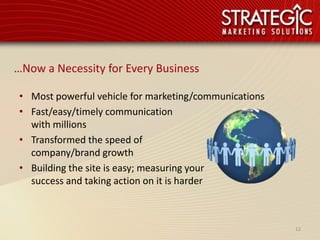 …Now a Necessity for Every Business

 • Most powerful vehicle for marketing/communications
 • Fast/easy/timely communication
   with millions
 • Transformed the speed of
   company/brand growth
 • Building the site is easy; measuring your
   success and taking action on it is harder



                                                        12
 
