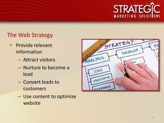 The Web Strategy
• Provide relevant
  information
   – Attract visitors
   – Nurture to become a
      lead
   – Convert leads to
      customers
   – Use content to optimize
      website

                               14
 