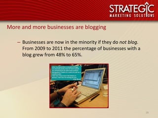 More and more businesses are blogging

   – Businesses are now in the minority if they do not blog.
     From 2009 to 2011 the percentage of businesses with a
     blog grew from 48% to 65%.




                                                               29
 
