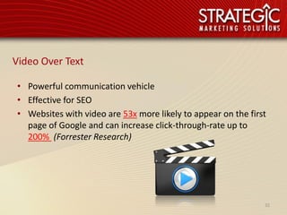 Video Over Text

 • Powerful communication vehicle
 • Effective for SEO
 • Websites with video are 53x more likely to appear on the first
   page of Google and can increase click-through-rate up to
   200% (Forrester Research)




                                                                32
 