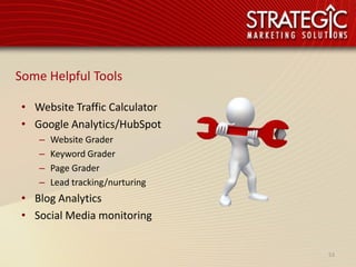 Some Helpful Tools

• Website Traffic Calculator
• Google Analytics/HubSpot
   –   Website Grader
   –   Keyword Grader
   –   Page Grader
   –   Lead tracking/nurturing
• Blog Analytics
• Social Media monitoring


                                 53
 