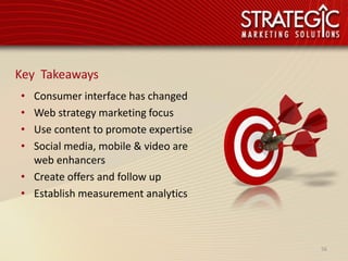 Key Takeaways
• Consumer interface has changed
• Web strategy marketing focus
• Use content to promote expertise
• Social media, mobile & video are
  web enhancers
• Create offers and follow up
• Establish measurement analytics



                                     56
 