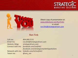 Obtain copy of presentation at:
                                      www.slideshare.net/RonFink1
                                                    or email:
                                      ron.fink@strategicdriven.com



                         Ron Fink
Call me:         804.968.5131
Email me:        ron.fink@strategicdriven.com
Website /blog:   strategicdriven.com
Connect with me: facebook.com/ronfink1
                 facebook.com/strategicmarketingsolutions
Network with me: linkedin.com/in/ronfink1
Tweet me :       @sms_ron
                                                                        57
 