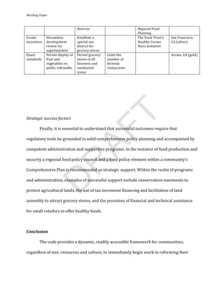 Working	
  Paper	
  
	
  

                                             districts	
                                   Regional	
  Food	
  
                                                                                           Planning	
  
Create	
       Streamline	
                  Establish	
  a	
           	
                 The	
  Food	
  Trust’s	
     San	
  Francisco,	
  
incentives	
   development	
                 special	
  use	
                              Healthy	
  Corner	
          CA	
  (silver)	
  
               review	
  for	
               district	
  for	
                             Store	
  Initiative	
  
               supermarkets	
                grocery	
  stores	
  
Enact	
        Permit	
  display	
  of	
     Permit	
  grocery	
        Limit	
  the	
     	
                           Arcata,	
  CA	
  (gold)	
  
standards	
   fruit	
  and	
                 stores	
  in	
  all	
      number	
  of	
  
               vegetables	
  o n	
           business	
  and	
          formula	
  
               public	
  s idewalks	
        residential	
              restaurants	
  
                                             zones	
  
	
  

	
  

	
  

	
  




                                                                               T
Strategic	
  success	
  factors	
  

            Finally,	
  it	
  is	
  essential	
  to	
  understand	
  that	
  successful	
  outcomes	
  require	
  that	
  
                                               AF
regulatory	
  tools	
  be	
  grounded	
  in	
  solid	
  comprehensive	
  policy	
  planning	
  and	
  accompanied	
  by	
  

competent	
  administration	
  and	
  supportive	
  programs.	
  In	
  the	
  instance	
  of	
  food	
  production	
  and	
  

security	
  a	
  regional	
  food	
  policy	
  council	
  and	
  a	
  food	
  policy	
  element	
  within	
  a	
  community’s	
  
                R

Comprehensive	
  Plan	
  is	
  recommended	
  as	
  strategic	
  support.	
  Within	
  the	
  realm	
  of	
  programs	
  

and	
  administration,	
  examples	
  of	
  successful	
  support	
  include	
  conservation	
  easements	
  to	
  
               D


protect	
  agricultural	
  lands,	
  the	
  use	
  of	
  tax	
  increment	
  financing	
  and	
  facilitation	
  of	
  land	
  

assembly	
  to	
  attract	
  grocery	
  stores,	
  and	
  the	
  provision	
  of	
  financial	
  and	
  technical	
  assistance	
  

for	
  small	
  retailers	
  to	
  offer	
  healthy	
  foods.	
  	
  

	
  

Conclusion	
  

            The	
  code	
  provides	
  a	
  dynamic,	
  readily	
  accessible	
  framework	
  for	
  communities,	
  

regardless	
  of	
  size,	
  resources	
  and	
  culture,	
  to	
  immediately	
  begin	
  work	
  in	
  reforming	
  their	
  



                                                                               	
  
 
