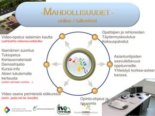 Opettajien ja rehtoreiden
Video-opetus selaimen kautta                     Täydennyskoulutus
(vaihtoehto videoneuvottelulle)                  Kokouspalvelut

Itsenäinen suoritus
Tukiopetus                                              Asiantuntijoiden
Kertausmateriaali                                       saavutettavuus
Demostraatio                                            oppitunneille.
Kurssi-info                                             Yhteistyö korkea-asteen
Abien lukulomalle                                       kanssa.
kertausta
(Jotain varmaan unohtui…)



Video osana perinteistä etäkurssia
(esim. peda.net tai moodle)          Opinto-ohjaus ja
                                     neuvonta
 