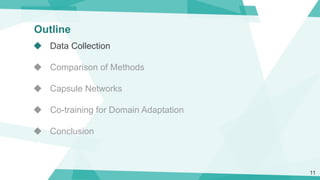 Outline
◆ Data Collection
◆ Comparison of Methods
◆ Capsule Networks
◆ Co-training for Domain Adaptation
◆ Conclusion
11
 
