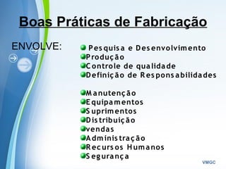 Powerpoint Templates
VMGC
Boas Práticas de Fabricação
ENVOLVE: Pes quis a e Des envolvimento
Produç ão
C ontrole de qualidade
Definiç ão de R es pons abilidades
M anutenç ão
E quipamentos
S uprimentos
Dis tribuiç ão
vendas
Adminis traç ão
R ec urs os Humanos
S eg uranç a
 