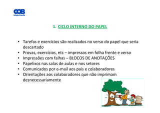 1. CICLO INTERNO DO PAPEL
• Tarefas e exercícios são realizados no verso do papel que seria
descartado
• Provas, exercícios, etc – impressos em folha frente e verso
• Impressões com falhas – BLOCOS DE ANOTAÇÕES
• Papelixos nas salas de aulas e nos setores
• Comunicados por e-mail aos pais e colaboradores
• Orientações aos colaboradores que não imprimam
desnecessariamente
 