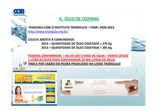 4. ÓLEO DE COZINHA
•PARCERIA COM O INSTITUTO TRIÂNGULO – FONE: 4428-2812
http://www.triangulo.org.br/
COLETA ABERTA À COMUNIDADE
2012 = QUANTIDADE DE ÓLEO COLETADA = 376 Kg
2013 = QUANTIDADE DE ÓLEO COLETADA = 305 Kg
PODERIA CONTAMINAR = 40.547.047 LITROS DE ÁGUA – FONTE CETESB
1 LITRO DE ÓLEO PODE CONTAMINAR 25 MIL LITROS DE ÁGUA
TROCA POR SABÃO EM PEDRA PRODUZIDO NA USINA TRIÂNGULO
 
