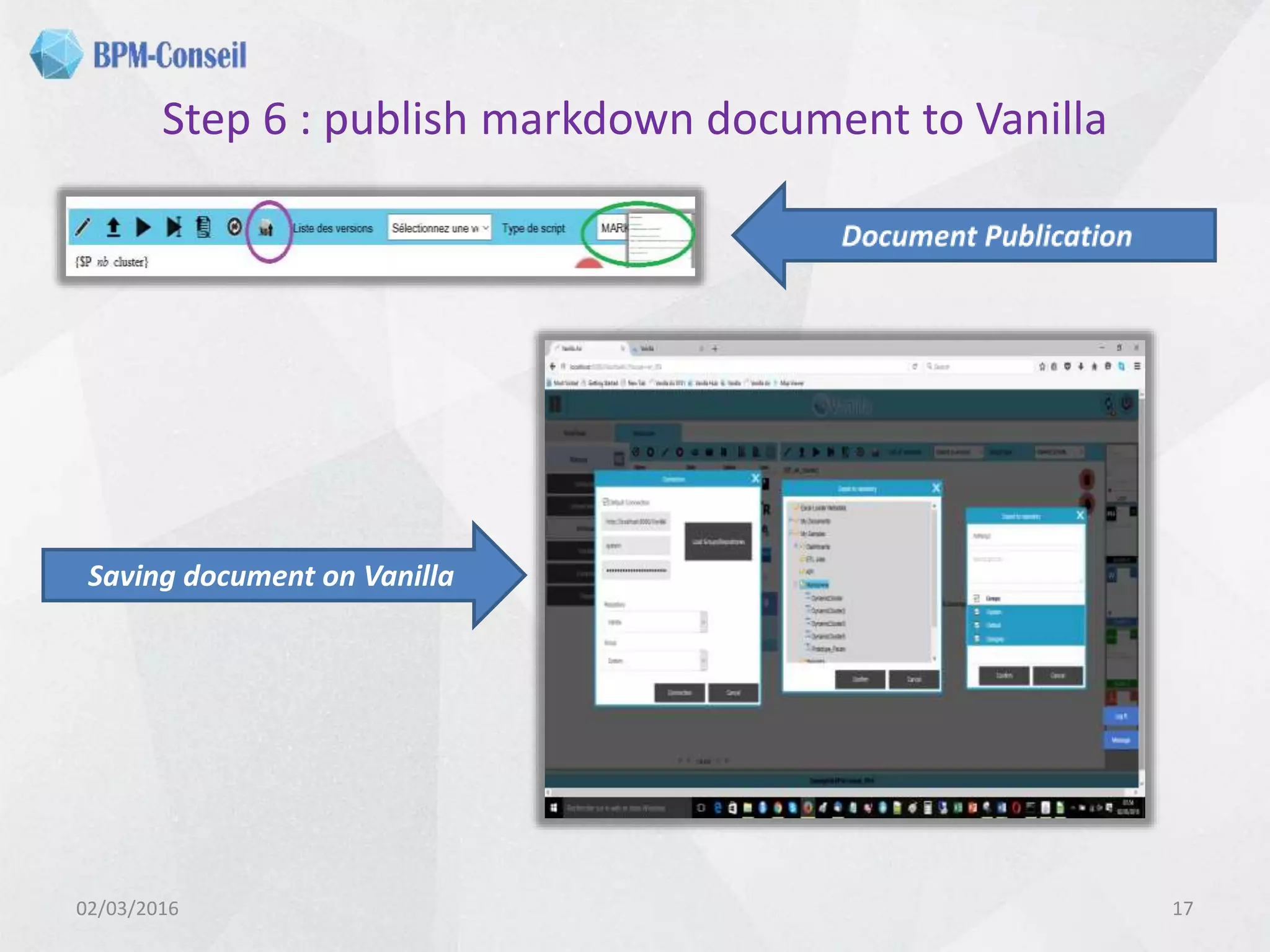 Step 6 : publish markdown document to Vanilla
02/03/2016 17
Saving document on Vanilla
 