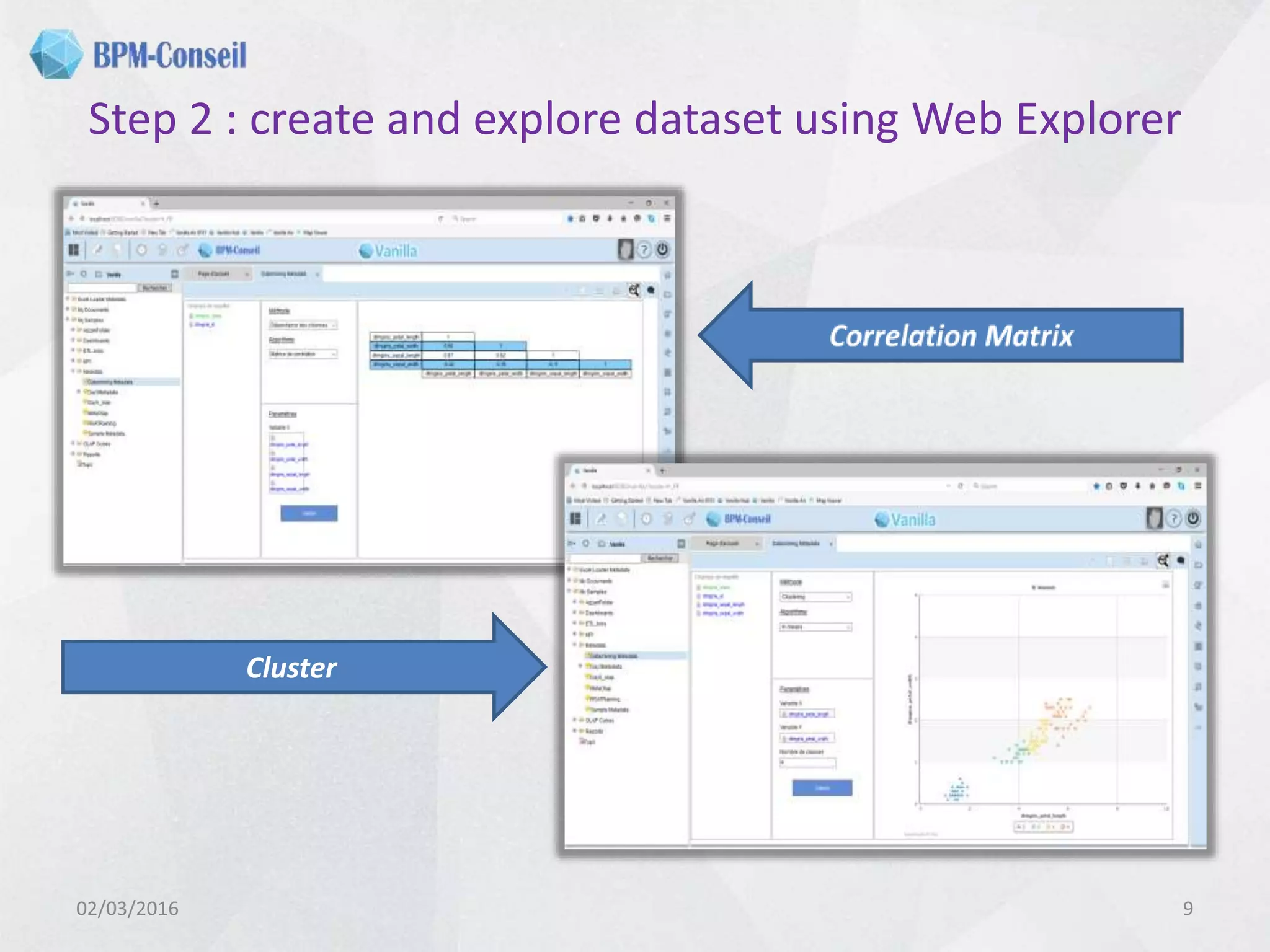 Step 2 : create and explore dataset using Web Explorer
02/03/2016 9
Cluster
 