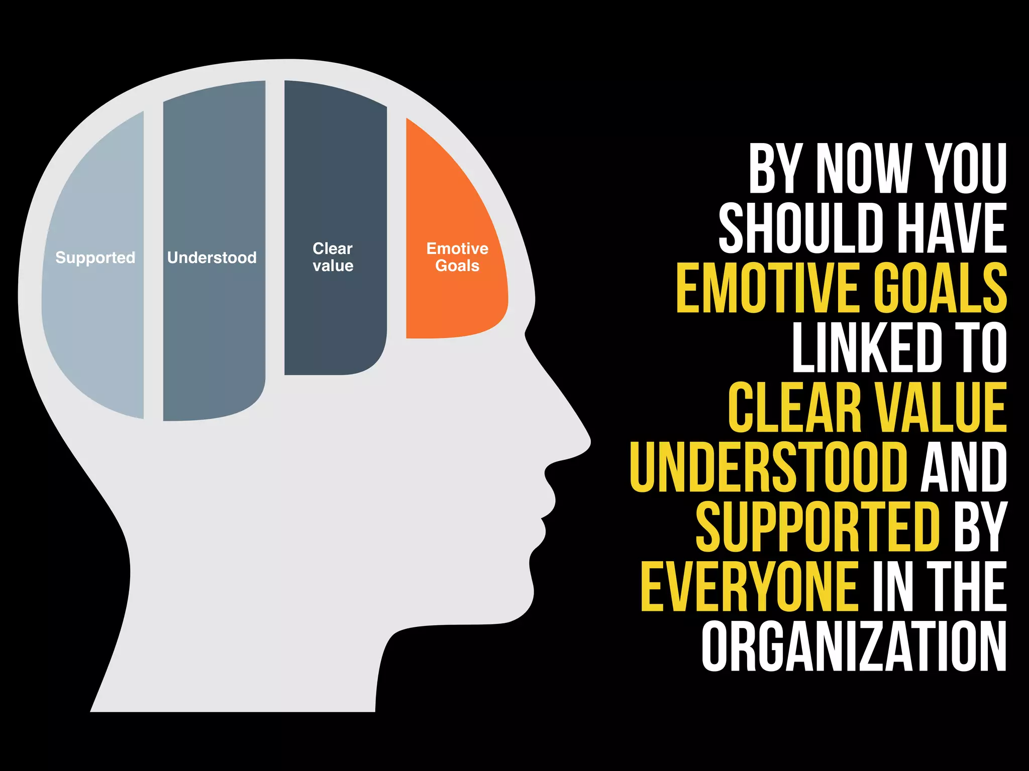 By now you
should have
emotive goals
linked to
clear value
understood and
supported by
everyone in the
organization
Supported Understood
Clear
value
Emotive
Goals
 