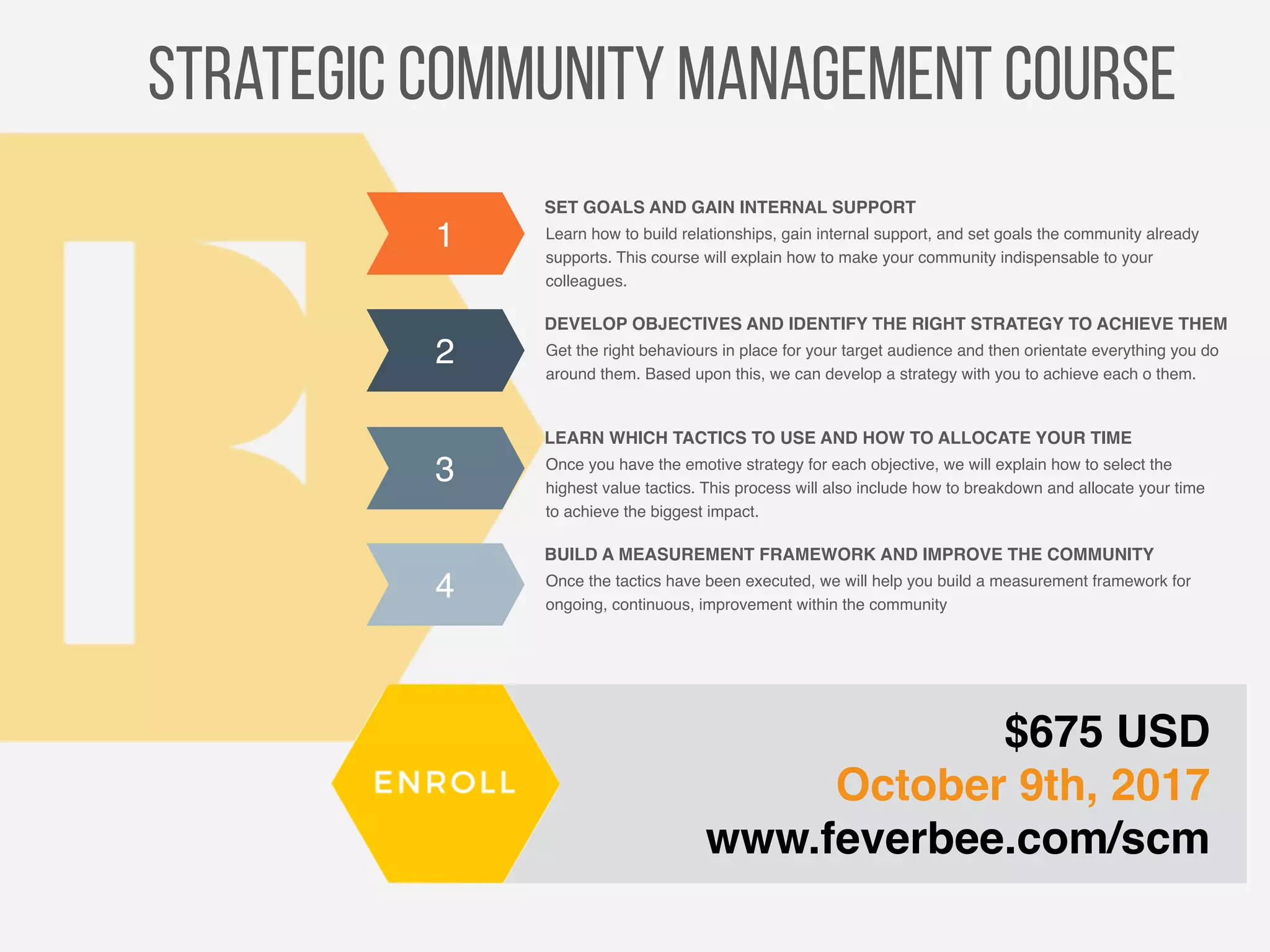 $675 USD
October 9th, 2017
www.feverbee.com/scm
strategic community management course
SET GOALS AND GAIN INTERNAL SUPPORT
Learn how to build relationships, gain internal support, and set goals the community already
supports. This course will explain how to make your community indispensable to your
colleagues.
DEVELOP OBJECTIVES AND IDENTIFY THE RIGHT STRATEGY TO ACHIEVE THEM
Get the right behaviours in place for your target audience and then orientate everything you do
around them. Based upon this, we can develop a strategy with you to achieve each o them.
LEARN WHICH TACTICS TO USE AND HOW TO ALLOCATE YOUR TIME
Once you have the emotive strategy for each objective, we will explain how to select the
highest value tactics. This process will also include how to breakdown and allocate your time
to achieve the biggest impact.
BUILD A MEASUREMENT FRAMEWORK AND IMPROVE THE COMMUNITY
Once the tactics have been executed, we will help you build a measurement framework for
ongoing, continuous, improvement within the community
1
2
3
4
 