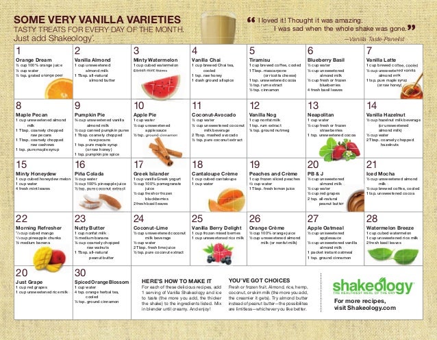 Vanilla Shakeology Recipe Calendar Vanilla Shakeology Recipe Calendar