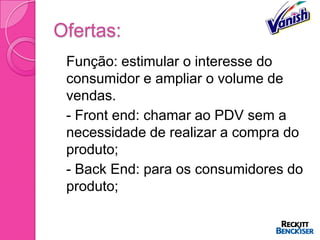 Ofertas:
 Função: estimular o interesse do
  consumidor e ampliar o volume de
  vendas.
 - Front end: chamar ao PDV sem a
  necessidade de realizar a compra do
  produto;
 - Back End: para os consumidores do
  produto;
 