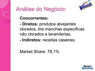 Análise do Negócio:
 Concorrentes:
 - Diretos: produtos alvejantes
  clorados, tira manchas específicas
  não clorados e lavanderias;
 - Indiretos: receitas caseiras;


   Market Share: 78,1%
 