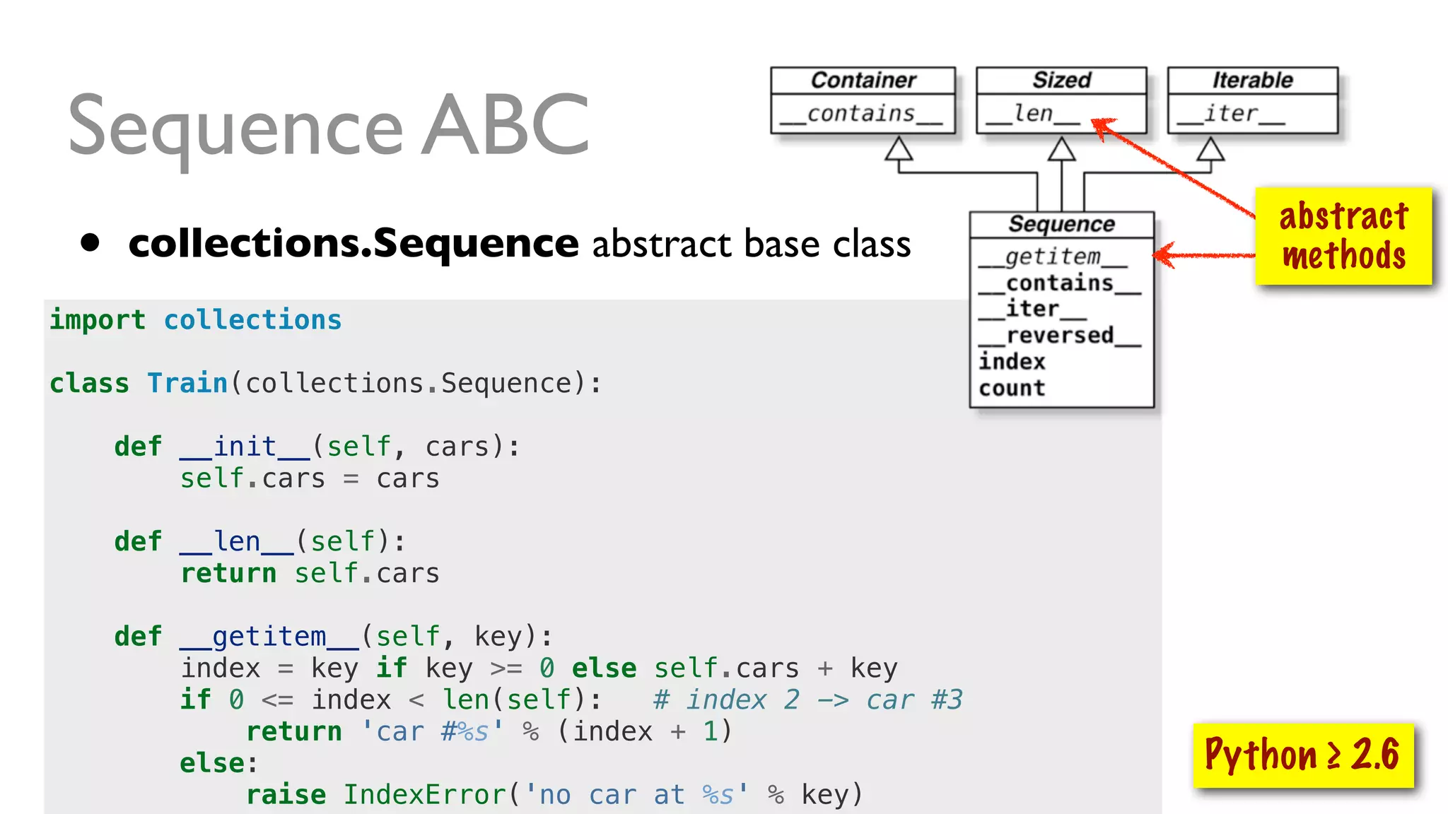 import collections
class Train(collections.Sequence):
def __init__(self, cars):
self.cars = cars
def __len__(self):
return self.cars
def __getitem__(self, key):
index = key if key >= 0 else self.cars + key
if 0 <= index < len(self): # index 2 -> car #3
return 'car #%s' % (index + 1)
else:
raise IndexError('no car at %s' % key)
Sequence ABC
• collections.Sequence abstract base class
abstract
methods
Python ≥ 2.6
 