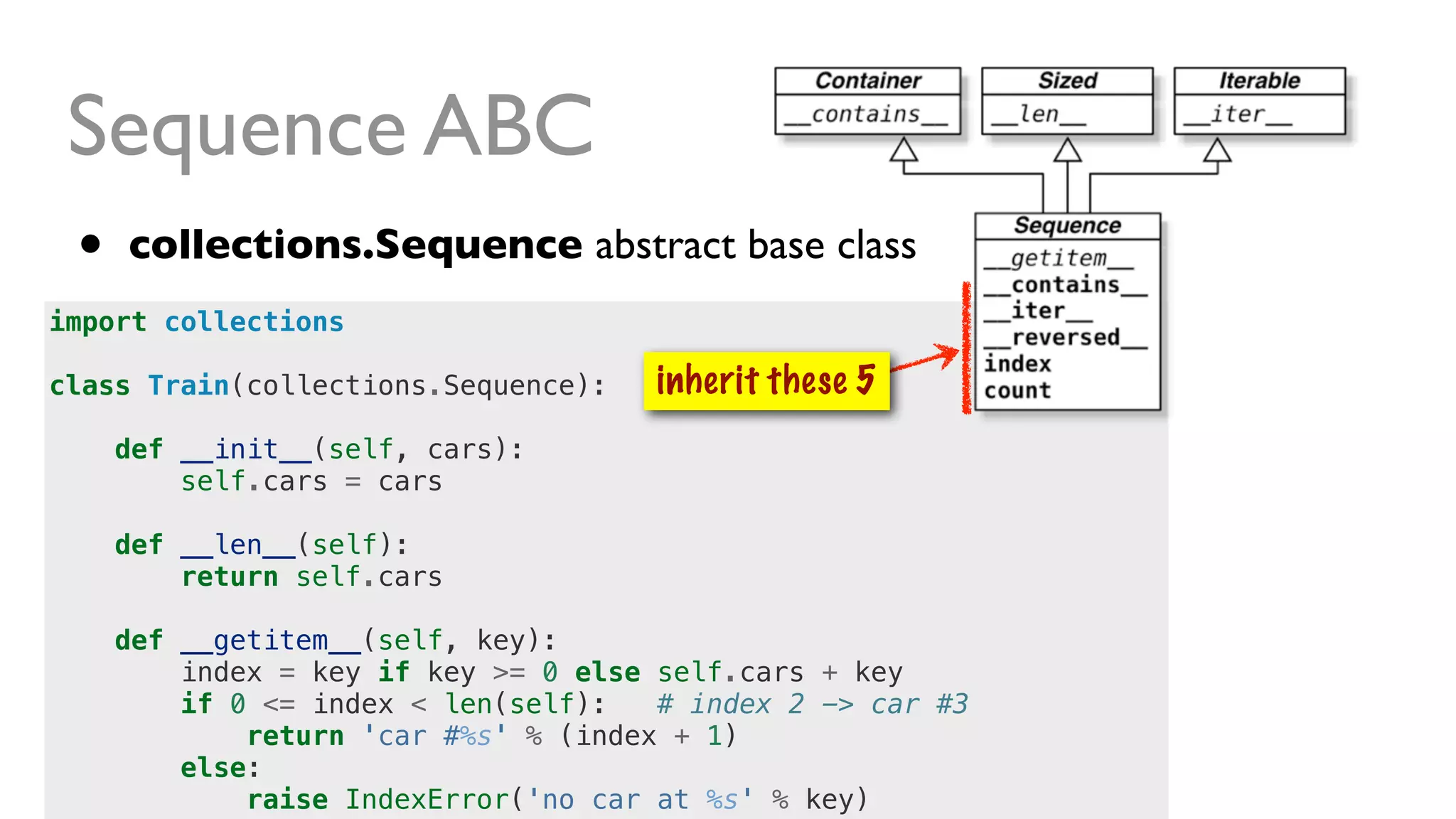 import collections
class Train(collections.Sequence):
def __init__(self, cars):
self.cars = cars
def __len__(self):
return self.cars
def __getitem__(self, key):
index = key if key >= 0 else self.cars + key
if 0 <= index < len(self): # index 2 -> car #3
return 'car #%s' % (index + 1)
else:
raise IndexError('no car at %s' % key)
Sequence ABC
• collections.Sequence abstract base class
inherit these 5
 