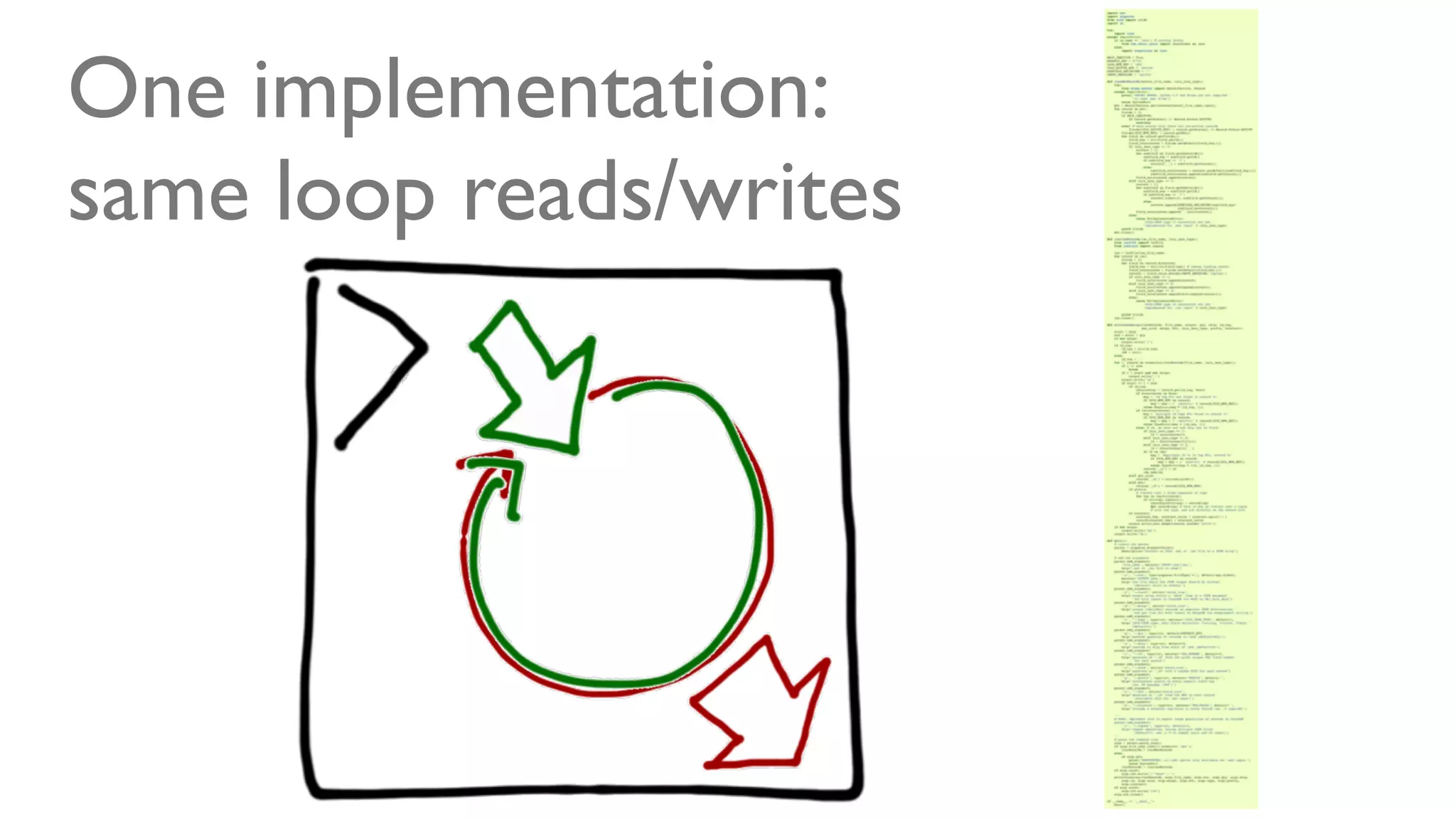 @ramalhoorg
One implementation:
same loop reads/writes
 