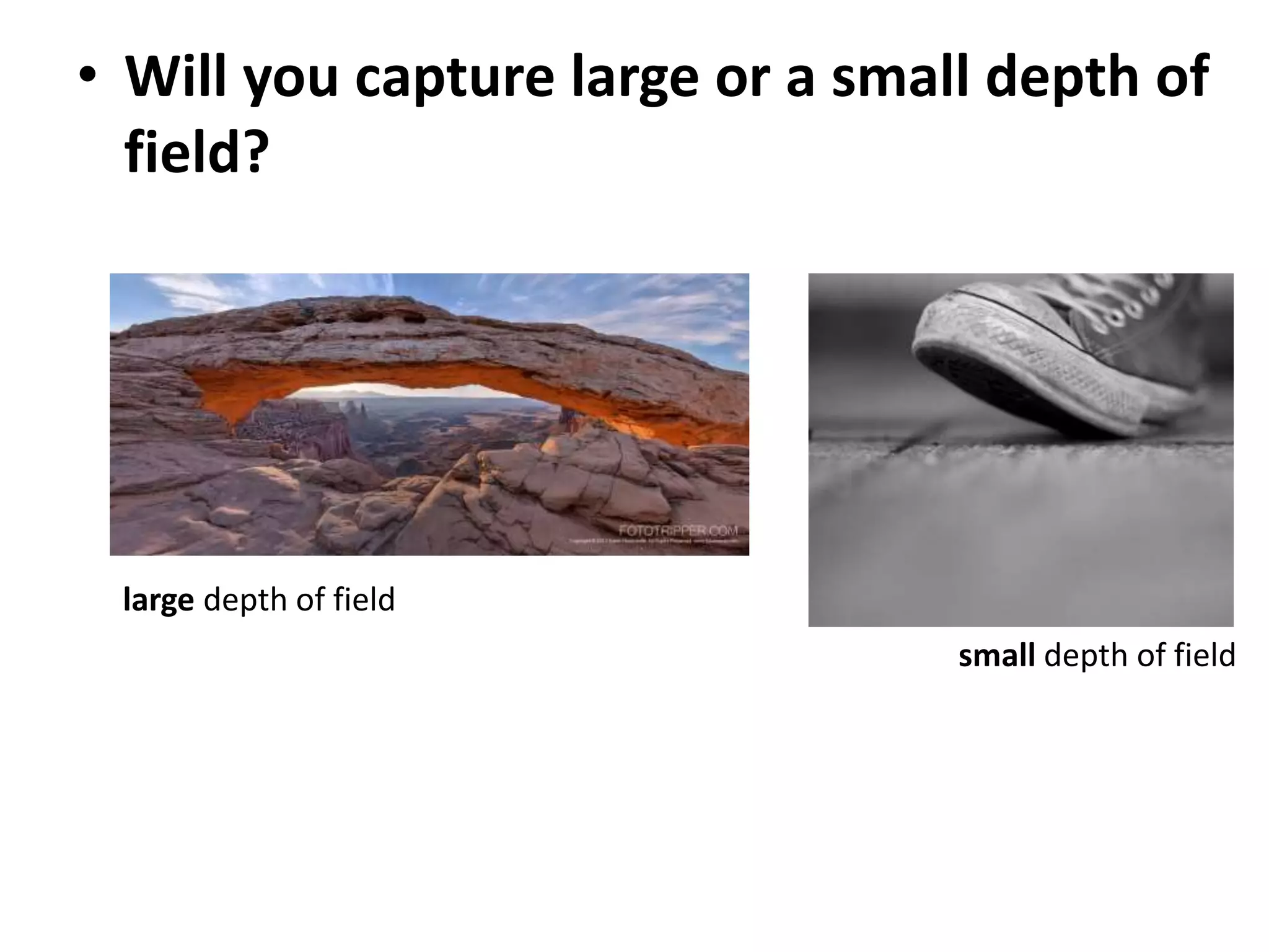 • Will you capture large or a small depth of
field?
small depth of field
large depth of field
 