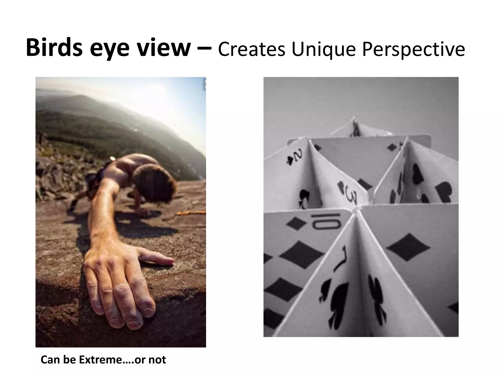 Birds eye view – Creates Unique Perspective
Can be Extreme….or not
 
