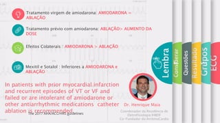 ECG
Grupos
Resultado
s
Questões
Considerar
Lembra
r
Tratamento virgem de amiodarona: AMIODARONA =
ABLAÇÃO
Tratamento prévio com amiodarona: ABLAÇÃO> AUMENTO DA
DOSE
Efeitos Colaterais : AMIODARONA > ABLAÇÃO
Mexitil e Sotalol : Inferiores a AMIODARONA e
ABLAÇÃO
In patients with prior myocardial infarction
and recurrent episodes of VT or VF and
failed or are intolerant of amiodarone or
other antiarrhythmic medications catheter
ablation is recommended.
Dr. Henrique Maia
Coordenador da Residência de
Eletrofisiologia IHBDF
Co-Fundador do ArritmoCardio
 