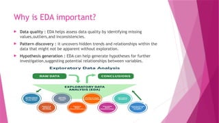 Why is EDA important?
 Data quality : EDA helps assess data quality by identifying missing
values,outliers,and inconsistencies.
 Pattern discovery : it uncovers hidden trends and relationships within the
data that might not be apparent without exploration.
 Hypothesis generation : EDA can help generate hypotheses for further
investigation,suggesting potential relationships between variables.
 