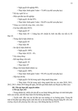 13
+ Nghị quyết tốt nghiệp 90%
+ Thực hiện: bình quân 5 năm = 73,48% (cụ thể xem phụ lục)
* Hệ dạy nghề lái xe:
- Hiệu quả đào tạo tốt nghiệp:
+ Nghị quyết: thi đạt 95%
+ Thực hiện: bình quân 5 năm = 96,42% (cụ thể xem phụ lục)
* Nâng cao trình độ công chức, viên chức:
- Cao học (đến năm 2015):
+ Nghị quyết: 07
+ Thực hiện: 05 + 3 đang học (01 chuẩn bị Anh văn đầu vào tiến sĩ, 02
thạc sĩ)
- Trung cấp lý luận chính trị:
+ Nghị quyết: 03
+ Thực hiện: 00
- Sơ cấp lý luận chính trị:
+ Nghị quyết: 100%
+ Thực hiện: 02/25 – 8%
* Xây dựng đảng:
- Kết nạp đảng viên mới:
+ Nghị quyết: 10
+ Thực hiện: 07
- Đảng viên hoàn thành nhiệm vụ:
+ Nghị quyết: 100%
+ Thực hiện: bình quân 5 năm = 99,14% (cụ thể xem phụ lục)
- Xếp loại chi bộ:
+ Nghị quyết: Chi bộ trong sạch vững mạnh hàng năm
+ Thực hiện: Chi bộ trong sạch vững mạnh liên tục các năm 2010, 2011,
2012, 2013. (Năm 2014 đang đề nghị, chờ kết quả thẩm định của Huyện ủy Bến Lức)
III. Tồn tại, hạn chế, nguyên nhân:
1.Tồn tại, hạn chế:
- Trong nhiệm kỳ, nhiều chỉ tiêu đề ra cao hoặc không phù hợp với tình hình phát
triển của xã hội, nên khi thực hiện Chi bộ không đạt được.
- Tuyển sinh đầu vào các hệ đào tạo của trường có xu hướng giảm. Trong đó
một số hệ phải tạm dừng tuyển sinh như lái xe du lịch không chuyên hạng B1 (Do nhà
trường chuyển đổi phương thức đào tạo), liên thông đại học từ TCCN.
 