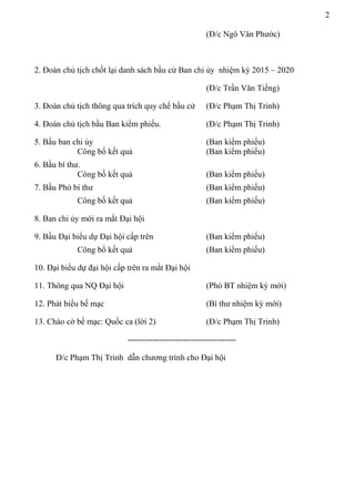 2
(Đ/c Ngô Văn Phước)
2. Đoàn chủ tịch chốt lại danh sách bầu cử Ban chi ủy nhiệm kỳ 2015 – 2020
(Đ/c Trần Văn Tiếng)
3. Đoàn chủ tịch thông qua trích quy chế bầu cử (Đ/c Phạm Thị Trinh)
4. Đoàn chủ tịch bầu Ban kiểm phiếu. (Đ/c Phạm Thị Trinh)
5. Bầu ban chi ủy (Ban kiểm phiếu)
Công bố kết quả (Ban kiểm phiếu)
6. Bầu bí thư.
Công bố kết quả (Ban kiểm phiếu)
7. Bầu Phó bí thư (Ban kiểm phiếu)
Công bố kết quả (Ban kiểm phiếu)
8. Ban chi ủy mới ra mắt Đại hội
9. Bầu Đại biểu dự Đại hội cấp trên (Ban kiểm phiếu)
Công bố kết quả (Ban kiểm phiếu)
10. Đại biểu dự đại hội cấp trên ra mắt Đại hội
11. Thông qua NQ Đại hội (Phó BT nhiệm kỳ mới)
12. Phát biểu bế mạc (Bí thư nhiệm kỳ mới)
13. Chào cờ bế mạc: Quốc ca (lời 2) (Đ/c Phạm Thị Trinh)
---------------------------------------
Đ/c Phạm Thị Trinh dẫn chương trình cho Đại hội
 