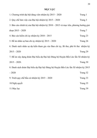 39
MỤC LỤC
1. Chương trình đại hội đảng viên nhiệm kỳ 2015 – 2020 Trang 1
2. Quy chế làm việc của Đại hội nhiệm kỳ 2015 – 2020 Trang 3
3. Báo cáo chính trị của Đại hội nhiệm kỳ 2010 – 2015 và mục tiêu, phương hướng giai
đoạn 2015 – 2020 Trang 7
4. Báo cáo kiểm chi ủy nhiệm kỳ 2010 – 2015 Trang 23
5. Đề án nhân sự ban chi ủy nhiệm kỳ 2015 – 2020 Trang 26
6. Danh sách nhân sự dự kiến tham gia vào Ban chi ủy, Bí thư, phó bí thư nhiệm kỳ
2015 – 2020 Trang 29
7. Đề án xây dựng đoàn Đại biểu dự Đại hội Đảng bộ Huyện Bến Lức lần XI nhiệm kỳ
2015 – 2020. Trang 30
8. Danh sách đoàn Đại biểu dự Đại hội Đảng bộ Huyện Bến Lức lần XI nhiệm kỳ 2015
– 2020 Trang 32
9. Trích quy chế bầu cử nhiệm kỳ 2015 – 2020 Trang 33
10.Nghị quyết Trang 35
11.Mục lục Trang 39
 