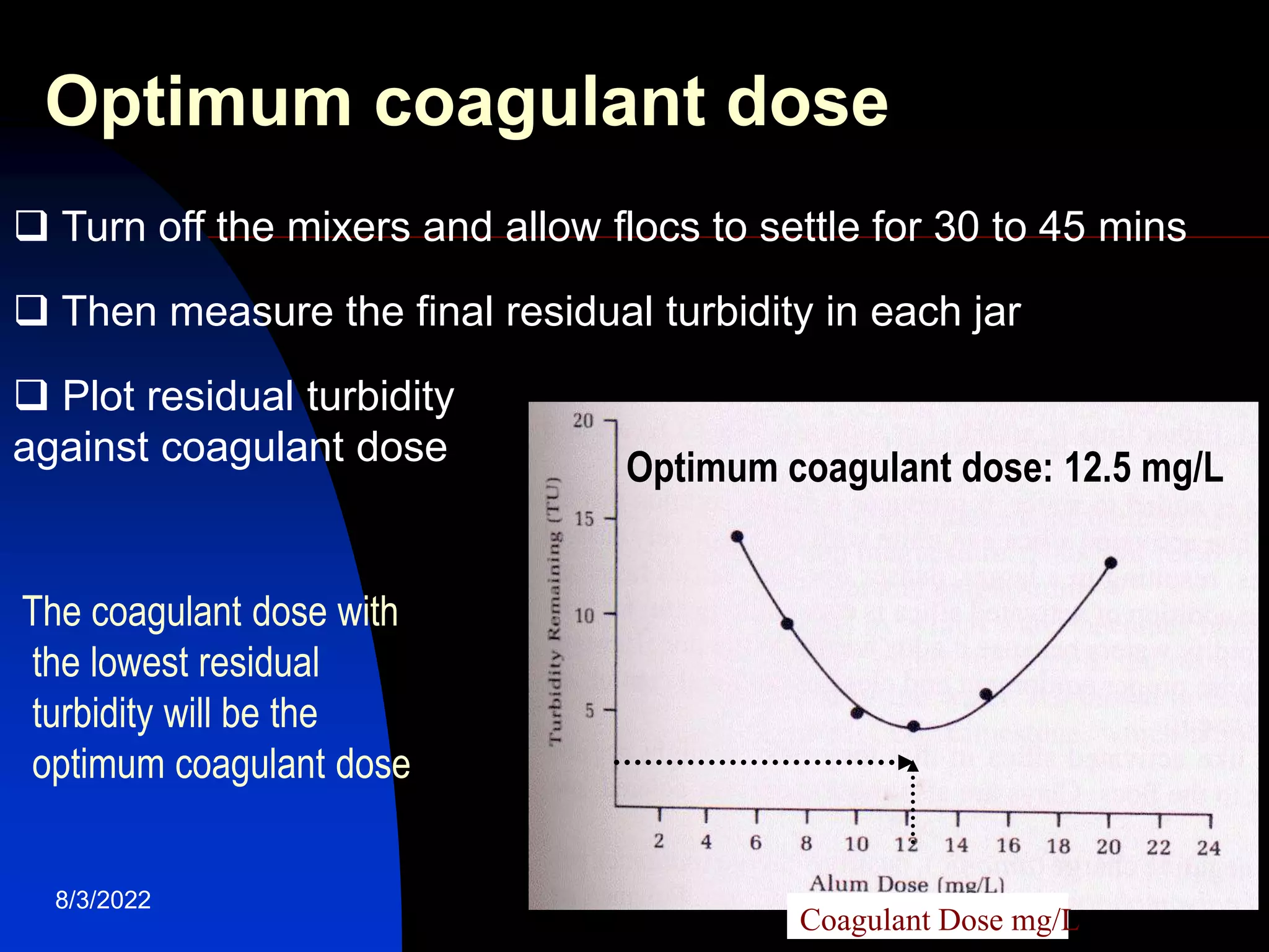 8/3/2022 water treatment 19
 Turn off the mixers and allow flocs to settle for 30 to 45 mins
 Then measure the final residual turbidity in each jar
 Plot residual turbidity
against coagulant dose
Coagulant Dose mg/L
Optimum coagulant dose: 12.5 mg/L
The coagulant dose with
the lowest residual
turbidity will be the
optimum coagulant dose
Optimum coagulant dose
 