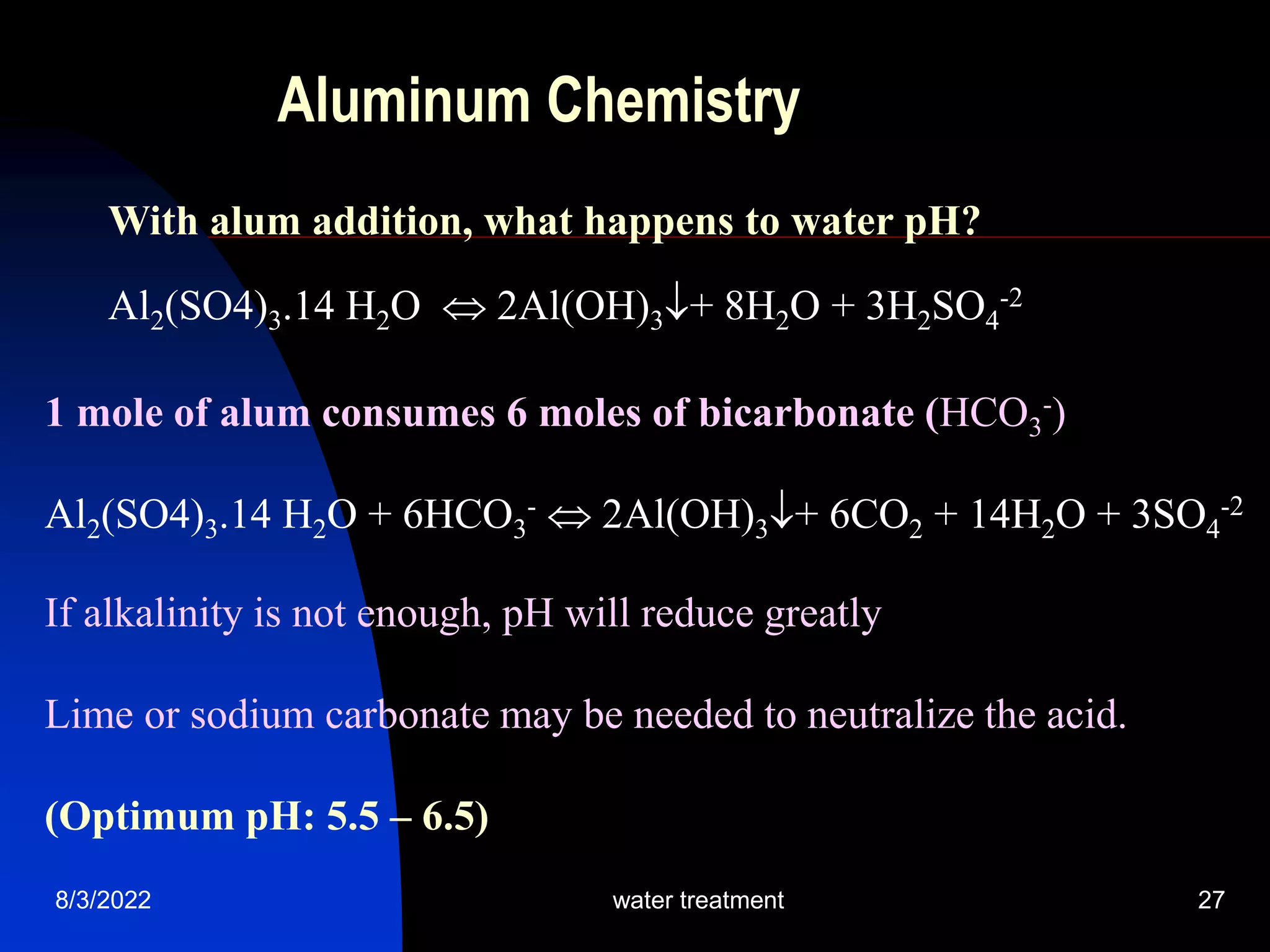 8/3/2022 water treatment 27
Aluminum Chemistry
1 mole of alum consumes 6 moles of bicarbonate (HCO3
-)
Al2(SO4)3.14 H2O + 6HCO3
-  2Al(OH)3+ 6CO2 + 14H2O + 3SO4
-2
If alkalinity is not enough, pH will reduce greatly
Lime or sodium carbonate may be needed to neutralize the acid.
(Optimum pH: 5.5 – 6.5)
With alum addition, what happens to water pH?
Al2(SO4)3.14 H2O  2Al(OH)3+ 8H2O + 3H2SO4
-2
 
