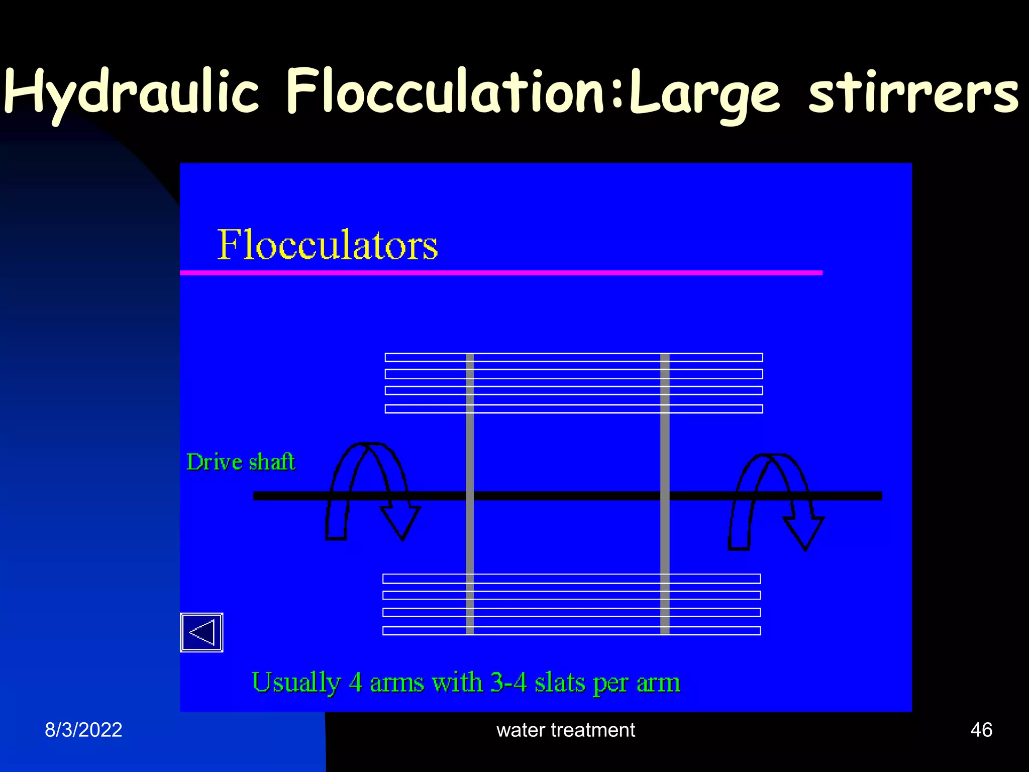 8/3/2022 water treatment 46
Hydraulic Flocculation:Large stirrers
 