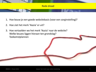 Rode draadHoe bouw je een goede websitebasis (voor een zorginstelling)?Hoe ziet het merk ‘Ikazia’ er uit?Hoe vertaalden we het merk ‘Ikazia’ naar de website?Welke keuzes liggen hieraan ten grondslag?ToekomstplannenZMW11 - 23 juni 2011Sessie: Van merk naar online marketing7
