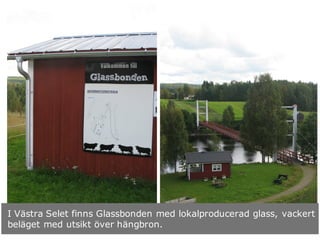 I Västra Selet finns Glassbonden med lokalproducerad glass, vackert
beläget med utsikt över hängbron.
 