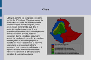 Clima
L'Etiopia, benché sia compresa nella zona
torrida, tra il Tropico e l'Equatore, presenta
un clima molto vario. Se si eccettuano le
zone desertiche e dei bassopiani, dove
predomina il clima torrido, può dirsi in
generale che la regione gode di una
notevole uniformità termica, con temperature
medie annue non elevate, notevoli
escursioni diurne e modeste escursioni
annue. La configurazione molto accidentata
della regione, la posizione geografica
rispetto alle masse oceaniche, la notevole
estensione, la presenza di valli che
penetrano profondamente nell'altopiano, il
regime dei venti e le condizioni bariche
introducono elementi di differenziazione
climatica di somma importanza
 