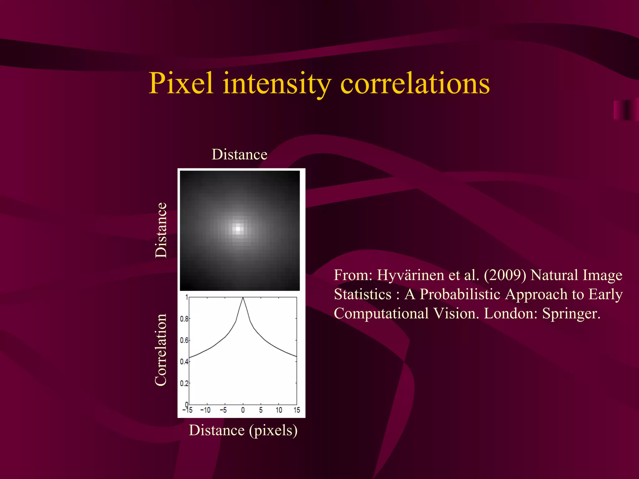 Pixel intensity correlations Distance Distance Distance (pixels) Correlation From: Hyvärinen et al. (2009) Natural Image Statistics : A Probabilistic  Approach to Early Computational Vision. London: Springer. 