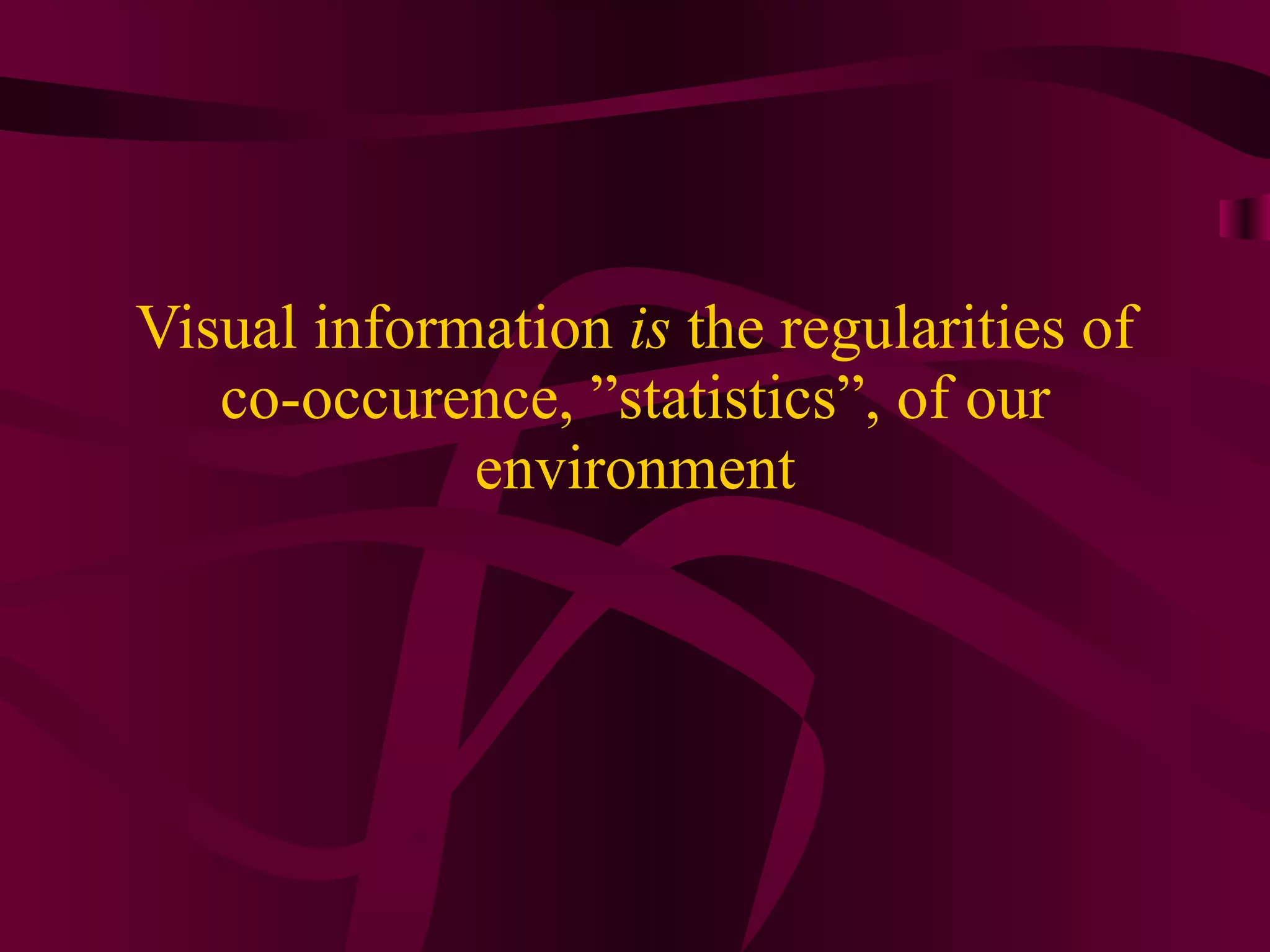Visual information  is  the regularities of co-occurence, ”statistics”, of our environment 