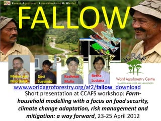 FALLOW
Meine van   Desi      Rachmat   Betha
Noordwijk   Suyamto   Mulia     Lusiana
 www.worldagroforestry.org/af2/fallow_download
     Short presentation at CCAFS workshop: Farm-
  household modelling with a focus on food security,
  climate change adaptation, risk management and
     mitigation: a way forward, 23-25 April 2012
 