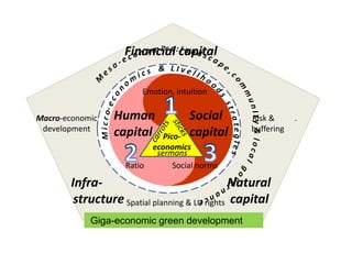 Financial capital

                       Emotion, intuition


Macro-economic   Human              Social       Risk &      .
 development                                     buffering
                 capital    Pico-   capital
                         economics
                          sermons
                   Ratio       Social norms

       Infra-                                 Natural
        structure Spatial planning & LU rights capital
            Giga-economic green development
 