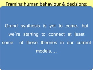 Framing human behaviour & decisions:
Optimal foraging,         Agricultural        Portfolio theory of
opportunistic use       economics: NPV,         risk & rational
  of time; “pico-         R2L; “micro-         diversity: “meso-
   economics”             economics”              economics”
 Grand synthesis is yet to come, but
 Collective action,
 bounded altruism,
                              Linear
                          programming,
                                                  Development
                                               planning & ‘green
  we’re starting to connect at least
 social norms, do’s
       & don’ts
                            multi-goal
                           optimization
                                                growth’: “macro-
                                                    economics”

some of these theories in our current
  Trusted sources of
     information:
                            Agent-based
                          models: wealth,
                                                 Payments for eco-
                                                  system services:
      extension &        class, age, gender,       environmental
               models….
  innovation theory       power, ethnicity           economics”
       Rights-based                                 Planetary boun-
                          System dynamics:
       approaches:                                 daries, ecological
                          positive & negative
    bundles of rights                                sustainability:
                            feedback loops
     to resource use                               “giga-economics”
 