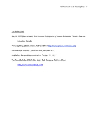 Van Noort Bulb Co. & Prolux Lighting 33




XII. Works Cited

Das, H. (2007) Recruitment, Selection and Deployment of Human Resources. Toronto: Pearson

       Education Canada

Prolux Lighting. (2012). Prolux. Retrieved fromhttp://www.prolux.com/about.php

Rachel Colyn, Personal Communication, October 2012.

Rick Feltan, Personal Communication, October 21, 2012.

Van Noort Bulb Co. (2012). Van Noort Bulb Company. Retrieved from

       http://www.vannoortbulb.com/
 