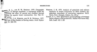 PERSPECTIVES 137
,,@TE, R. L., AND B. W. SWEENEY. 1979. Geographic WEBSTER, J. R. 1975. Analysis of potassium and calcium
analysis of thermal equilibria: a conceptual model for dynamics in stream ecosystems on three southern Ap-
/,, , cvaluating the effect of natural and modified thermal palachian watersheds of contrasting vegetation. Ph.D.
regimes on aquatic insect communities. Am. Nat. 14: thesis, Univ. Georgia, Athens, Ga. 232 p.
(In press) ZIEMER, G. L. 1973. Quantitative geomorphology of drainage
wwCE, J. B., J. R. WEBSTER,AND W. R. WOODALL. 1977. basins related to fish production. Alaska Fish Game Dep.
The role of filter feeders m flowing waters. Arch. Hydro- Info. Leafl. 162: l-26.
biol. 79: 506-532.
 