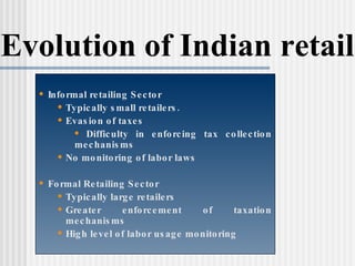 Evolution of Indian retail Informal retailing Sector Typically small retailers. Evasion of taxes Difficulty in enforcing tax collection mechanisms No monitoring of labor laws Formal Retailing Sector Typically large retailers Greater enforcement of taxation mechanisms High level of labor usage monitoring 