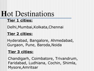 H ot Destinations Tier 1 cities: Delhi,Mumbai,Kolkata,Chennai Tier 2 cities: Hyderabad, Bangalore, Ahmedabad, Gurgaon, Pune, Baroda,Noida Tier 3 cities: Chandigarh, Coimbatore, Trivandrum, Faridabad, Ludhiana, Cochin, Shimla, Mysore,Amritsar 