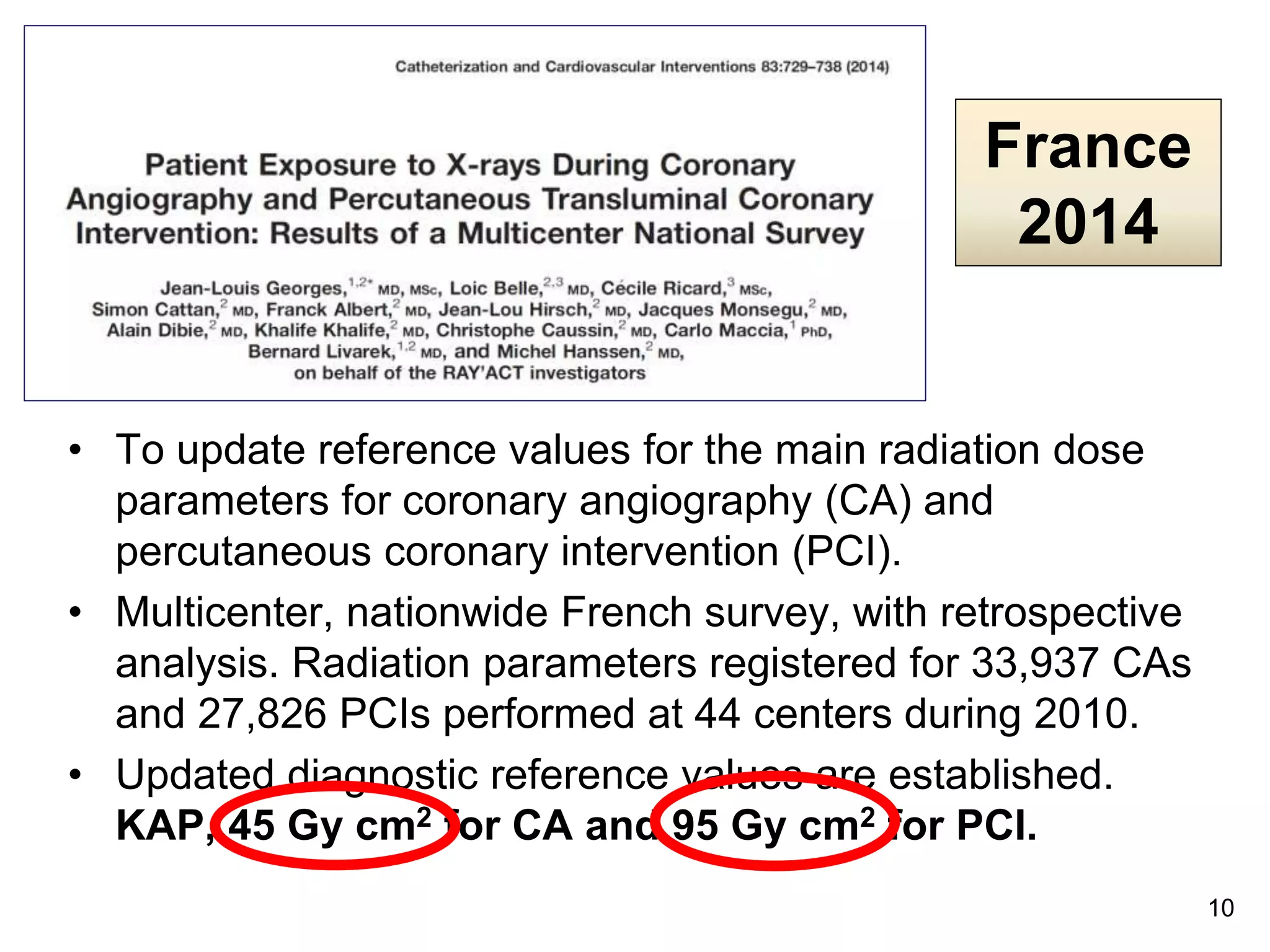 • To update reference values for the main radiation dose
parameters for coronary angiography (CA) and
percutaneous coronary intervention (PCI).
• Multicenter, nationwide French survey, with retrospective
analysis. Radiation parameters registered for 33,937 CAs
and 27,826 PCIs performed at 44 centers during 2010.
• Updated diagnostic reference values are established.
KAP, 45 Gy cm2 for CA and 95 Gy cm2 for PCI.
10
France
2014
 