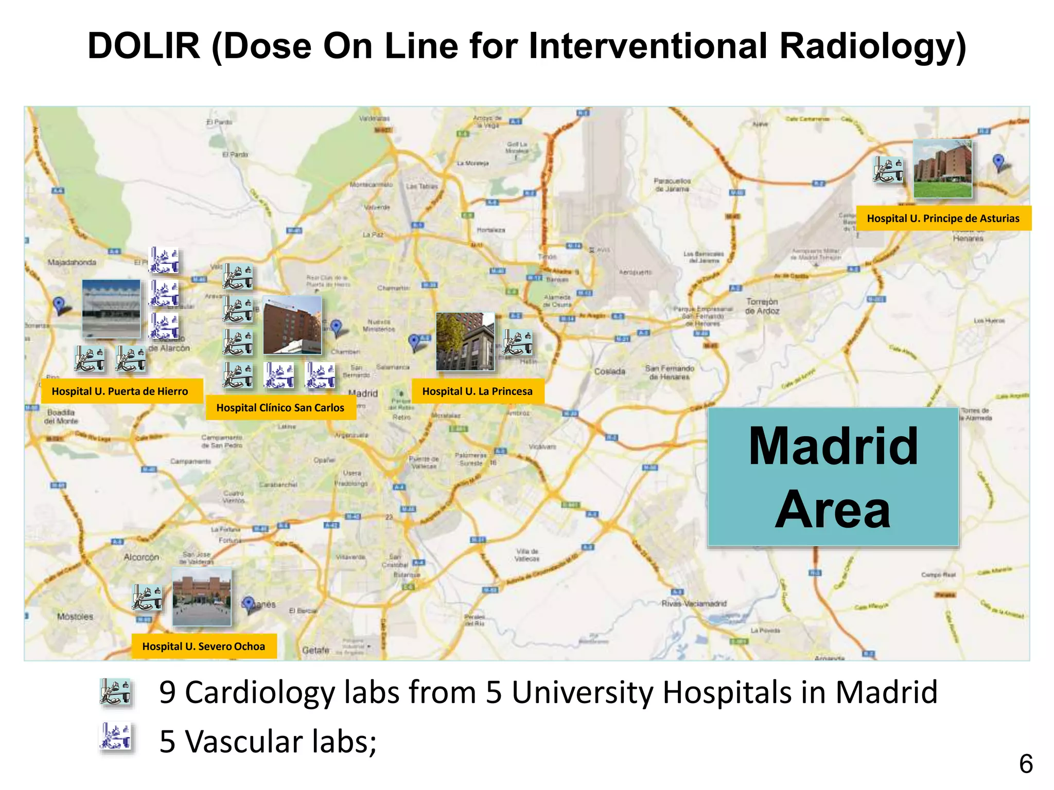 DOLIR (Dose On Line for Interventional Radiology)
5 Vascular labs;
9 Cardiology labs from 5 University Hospitals in Madrid
Hospital Clínico San Carlos
Hospital U. La PrincesaHospital U. Puerta de Hierro
Hospital U. Severo Ochoa
Hospital U. Principe de Asturias
6
Madrid
Area
 