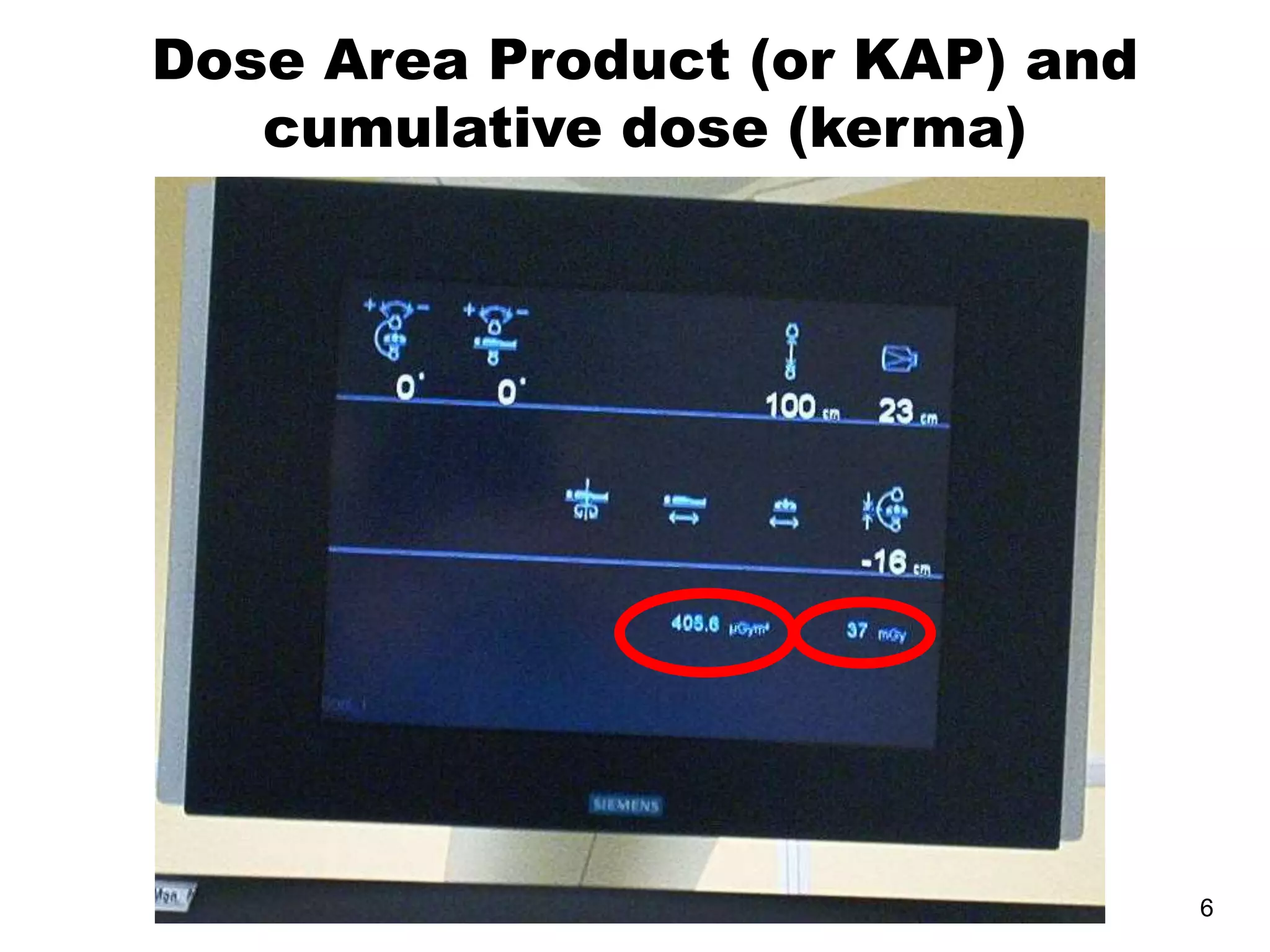 6
Dose Area Product (or KAP) and
cumulative dose (kerma)
 